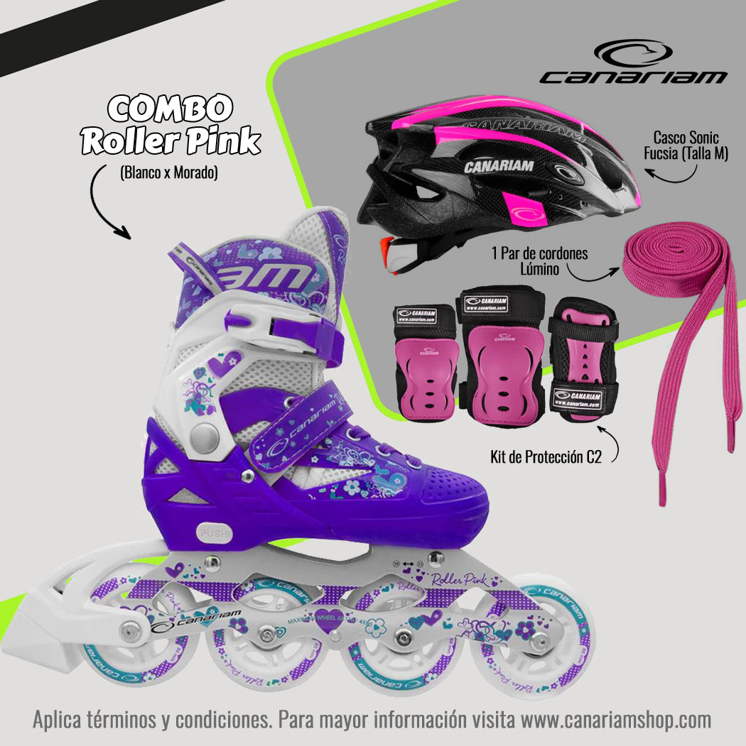 Promo: Roller Pink (Blanco x Morado) + Casco Sonic Fucsia (Talla M) + Kit de Protección C2 (Talla: M / L) + 1 Par de Cordones Lúmino