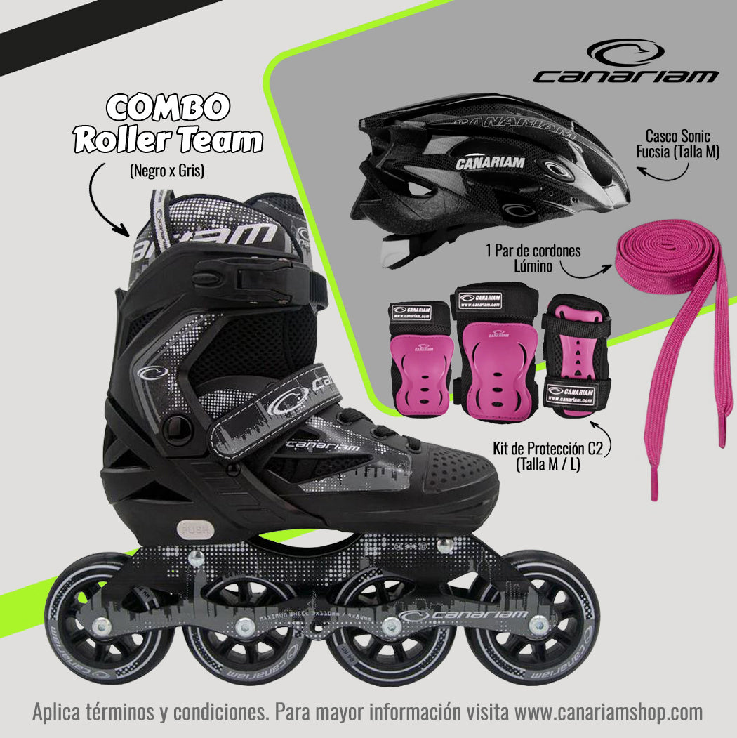 Promo: Roller Team (Gris x Negro) + Casco Sonic Fucsia (Talla M) + Kit C2 (Talla: M / L) + 1 Par de Cordones Lúmino
