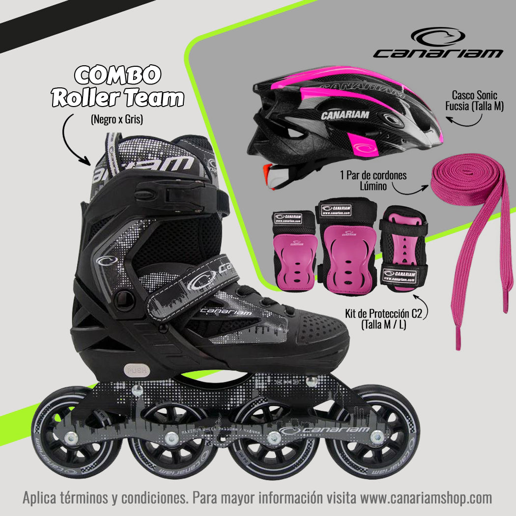 Promo: Roller Team (Negro x Gris) + Casco Sonic Fucsia (Talla M) + Kit C2 (Talla: M / L) + 1 Par de Cordones Lúmino