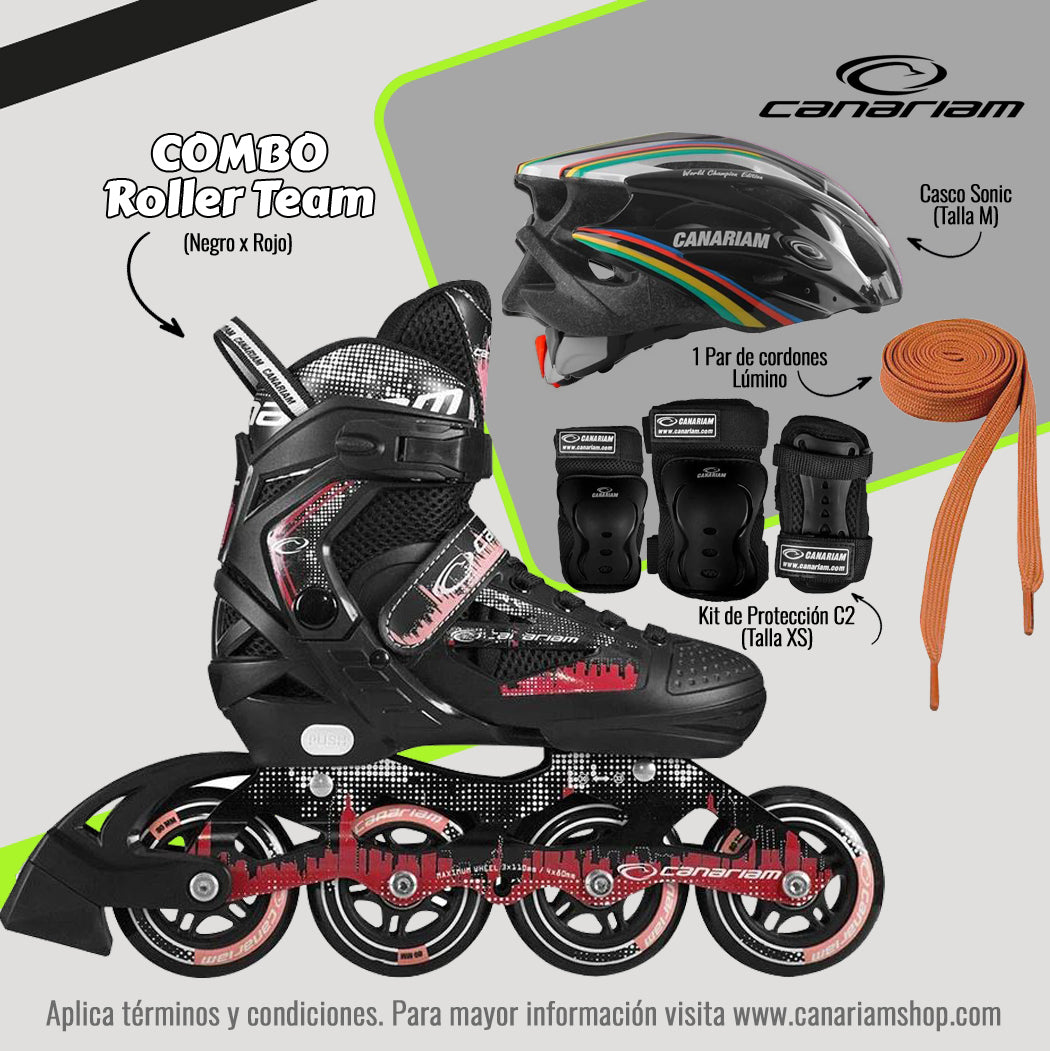 Promo: Roller Team (Negro x Rojo) + Casco Sonic (Talla M) + Kit C2 (Talla: XS) + 1 Par de Cordones Lúmino