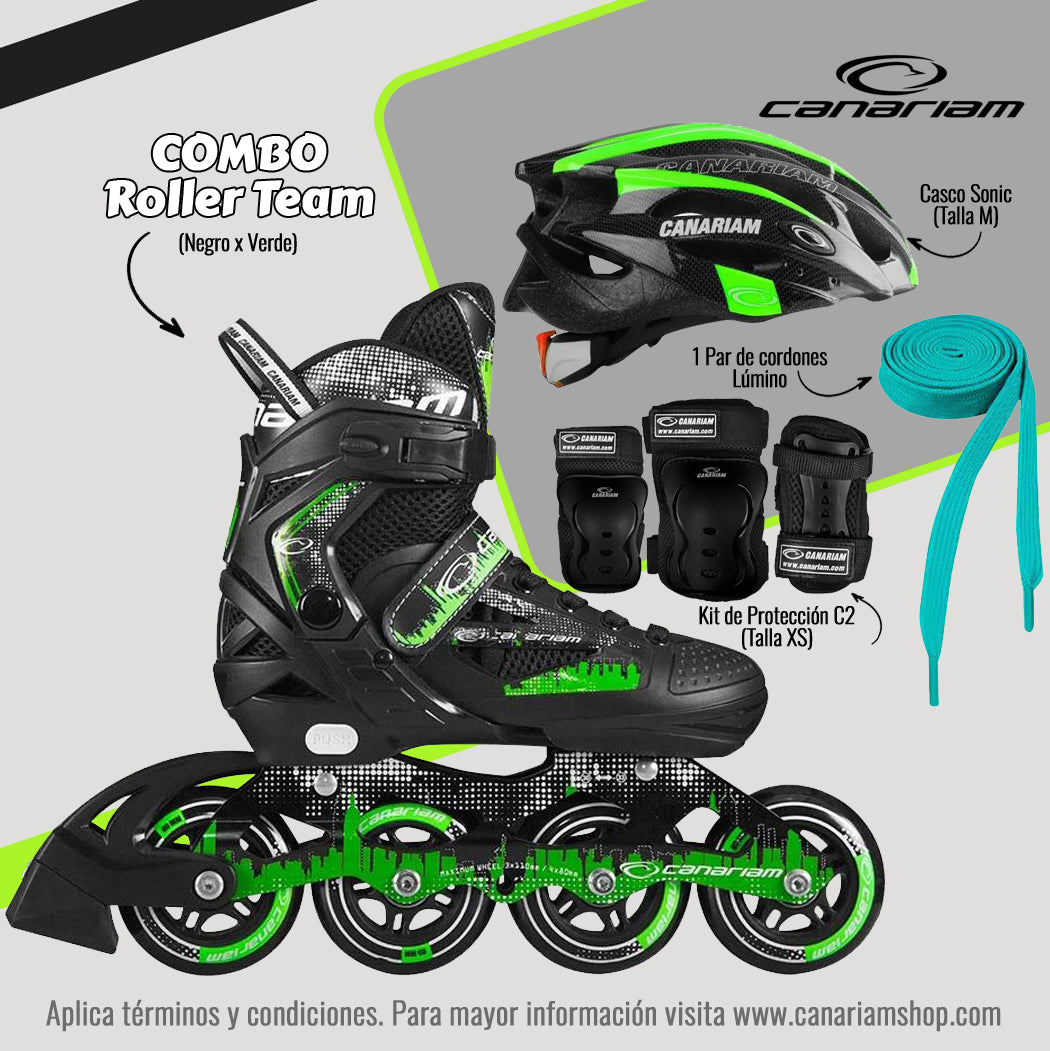 Promo: Roller Team (Negro x Verde) + Casco Sonic (Talla M) + Kit C2 (Talla: XS) + 1 Par de Cordones Lúmino