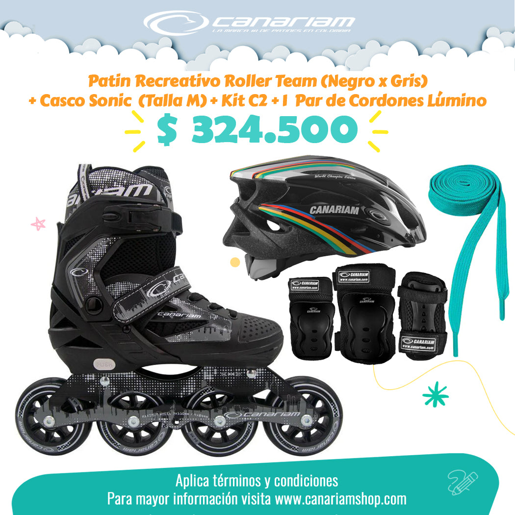 Promo: Roller Team (Negro x Gris) + Casco Sonic (Talla M) + Kit C2 (Talla: XS / S / M) + 1 Par de Cordones Lúmino