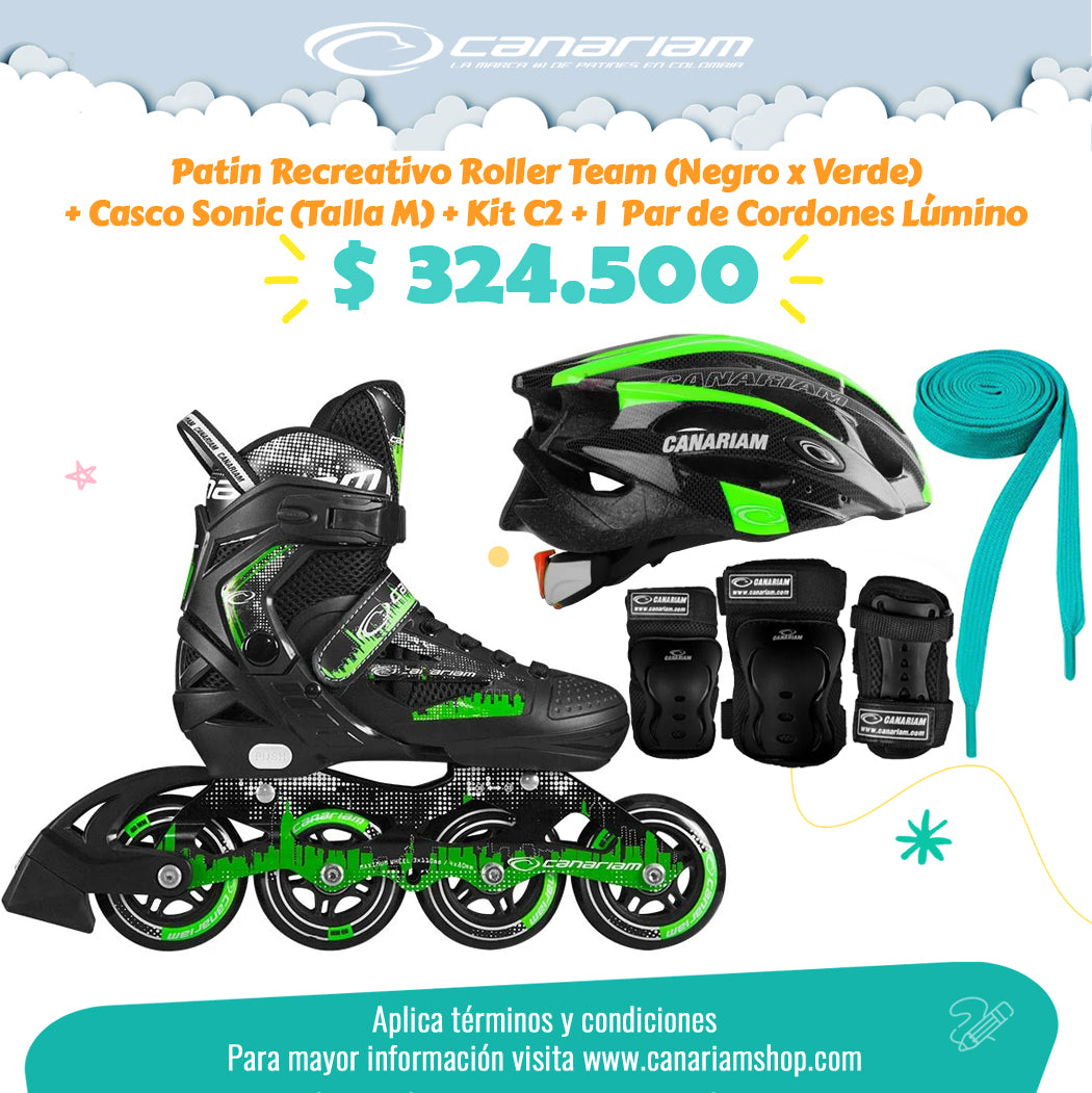 Promo: Roller Team (Negro x Verde) + Casco Sonic (Talla M) + Kit C2 (Talla: XS / S / M) + 1 Par de Cordones Lúmino