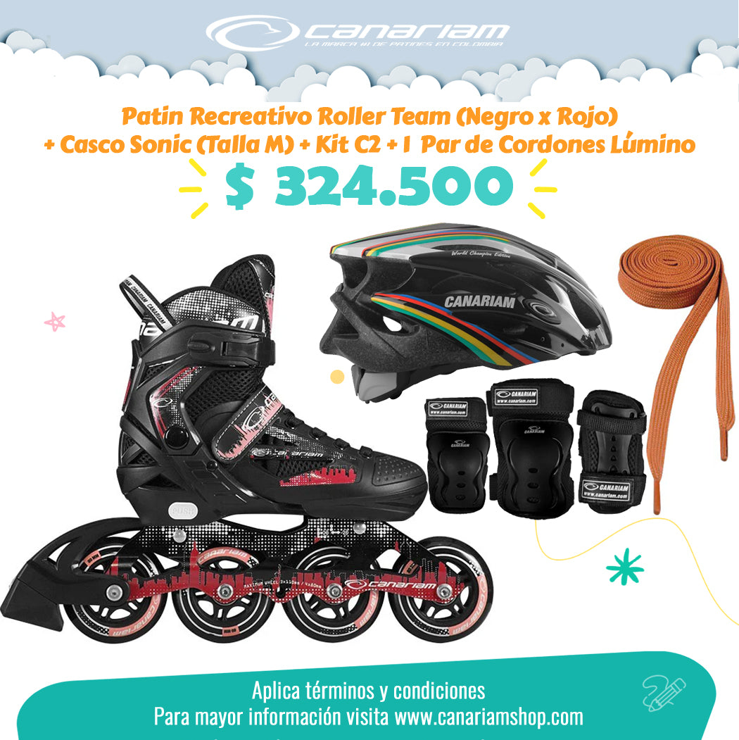 Promo: Roller Team (Negro x Rojo) + Casco Sonic (Talla M) + Kit C2 (Talla: XS / S / M) + 1 Par de Cordones Lúmino