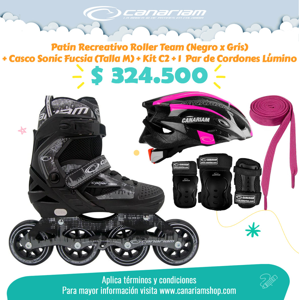 Promo: Roller Team (Negro x Gris) + Casco Sonic Fucsia (Talla M) + Kit C2 (Talla: XS / S / M) + 1 Par de Cordones Lúmino
