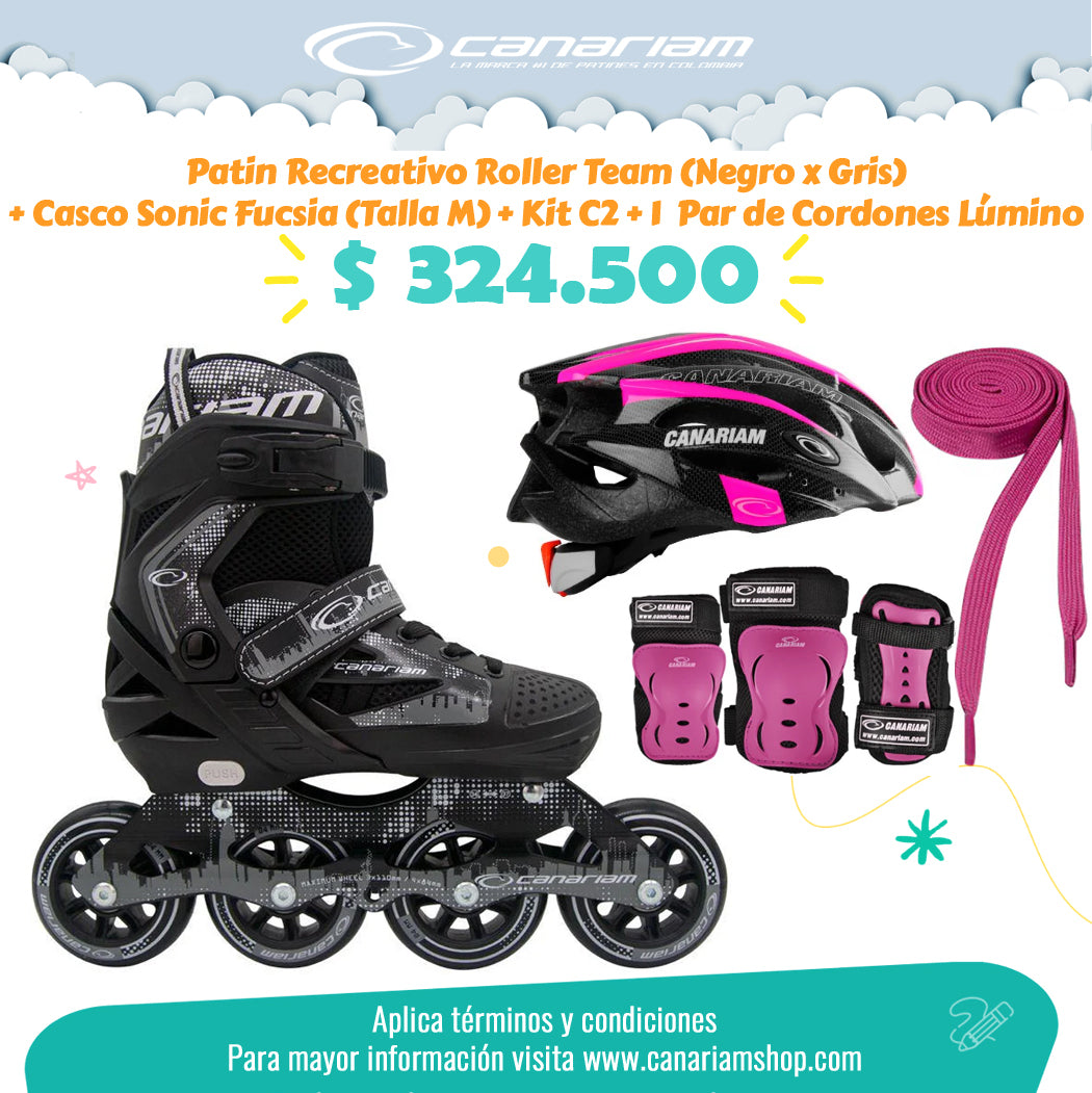 Promo: Roller Team (Negro x Gris) + Casco Sonic Fucsia (Talla M) + Kit C2 (Talla: M / L) + 1 Par de Cordones Lúmino