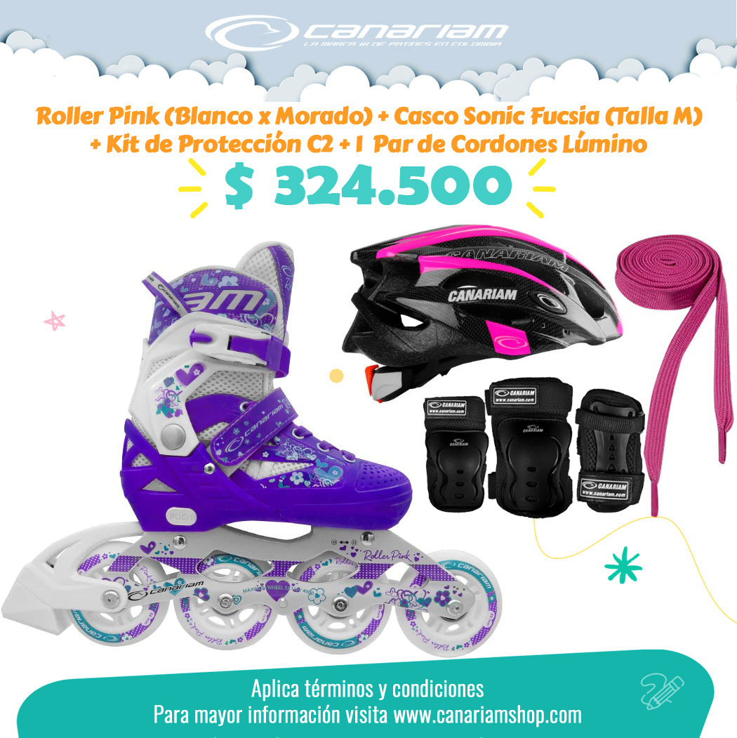 Promo: Roller Pink (Blanco x Morado) + Casco Sonic Fucsia (Talla M) + Kit de Protección C2 (Talla: XS / S / M) + 1 Par de Cordones Lúmino