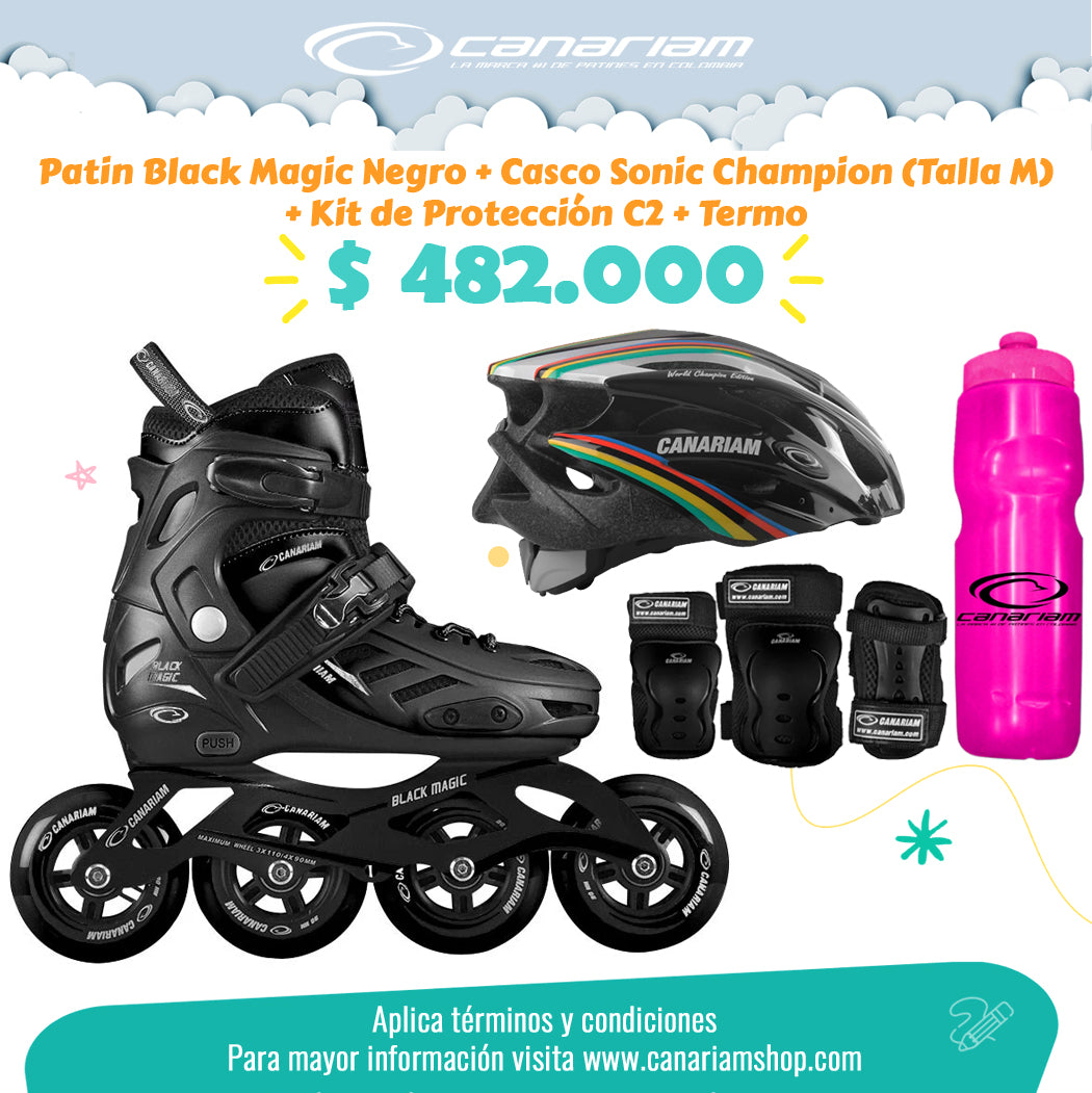 Promo: Patin Black Magic Negro + Casco Sonic Champion (Talla M) + Kit de Protección C2 (Talla: XS / S / M) + Termo