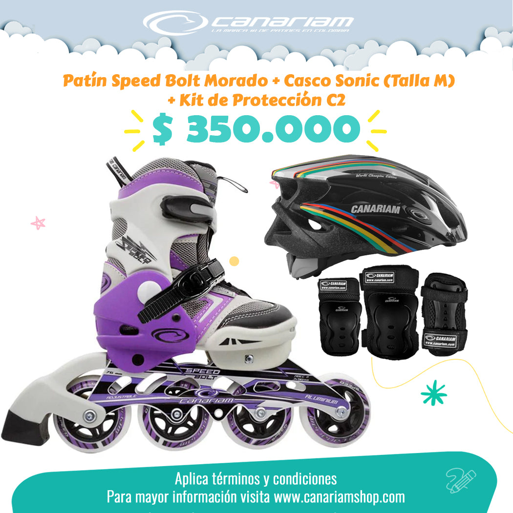 Promo: Patín Speed Bolt Morado + Casco Sonic (Talla M) + Kit de Protección C2 (Talla: XS / S / M)