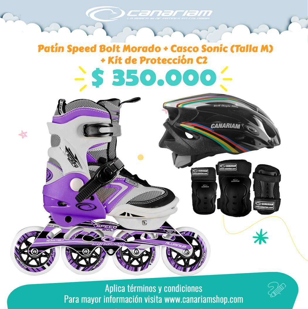 Promo: Patín Speed Bolt Morado + Casco Sonic (Talla M) + Kit de Protección C2 (Talla: XS / S / M)