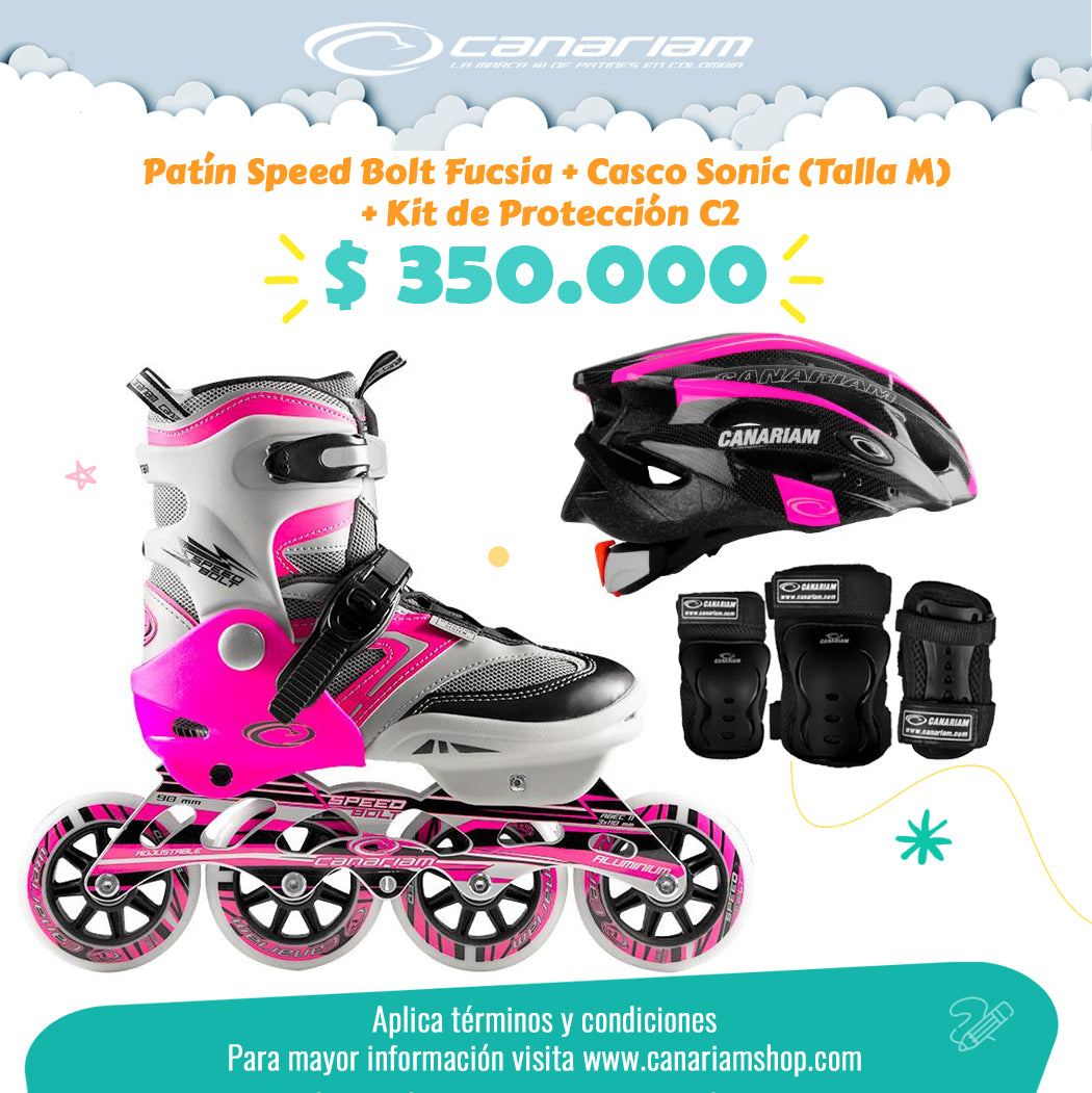 Promo: Patín Speed Bolt Fucsia + Casco Sonic (Talla M) + Kit de Protección C2 (Talla: XS / S / M)