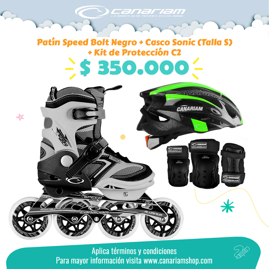 Promo: Patín Speed Bolt Negro + Casco Sonic (Talla S) + Kit de Protección C2 (Talla: XS / S / M)