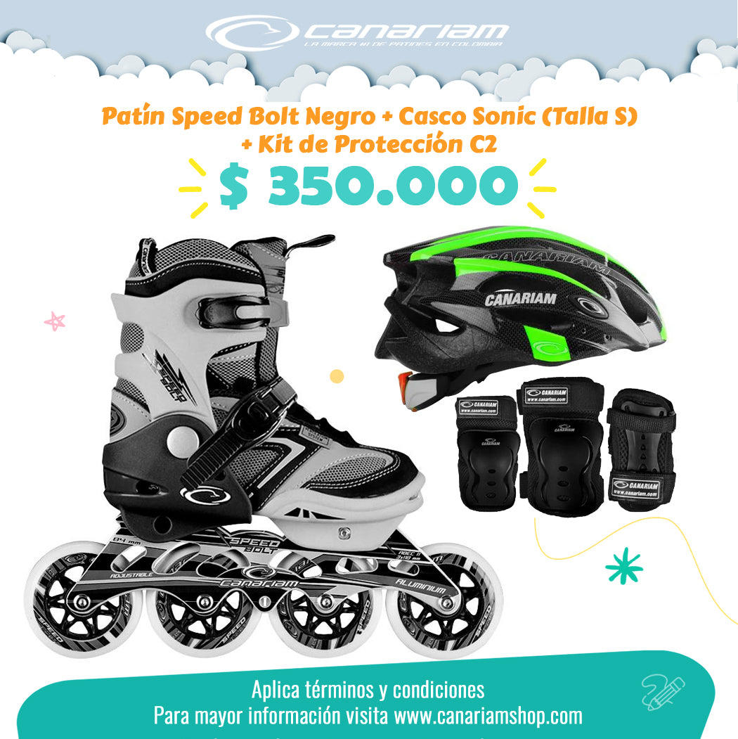 Promo: Patín Speed Bolt Negro + Casco Sonic (Talla S) + Kit de Protección C2 (Talla: XS)