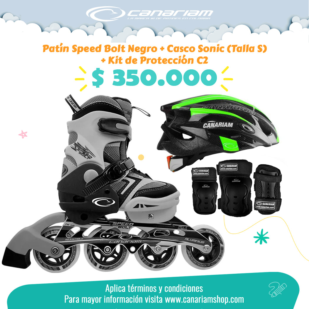 Promo: Patín Speed Bolt Negro + Casco Sonic (Talla S) + Kit de Protección C2 (Talla: XS / S / M)
