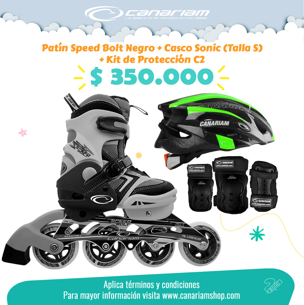 Promo: Patín Speed Bolt Negro + Casco Sonic (Talla S) + Kit de Protección C2 (Talla: XS)