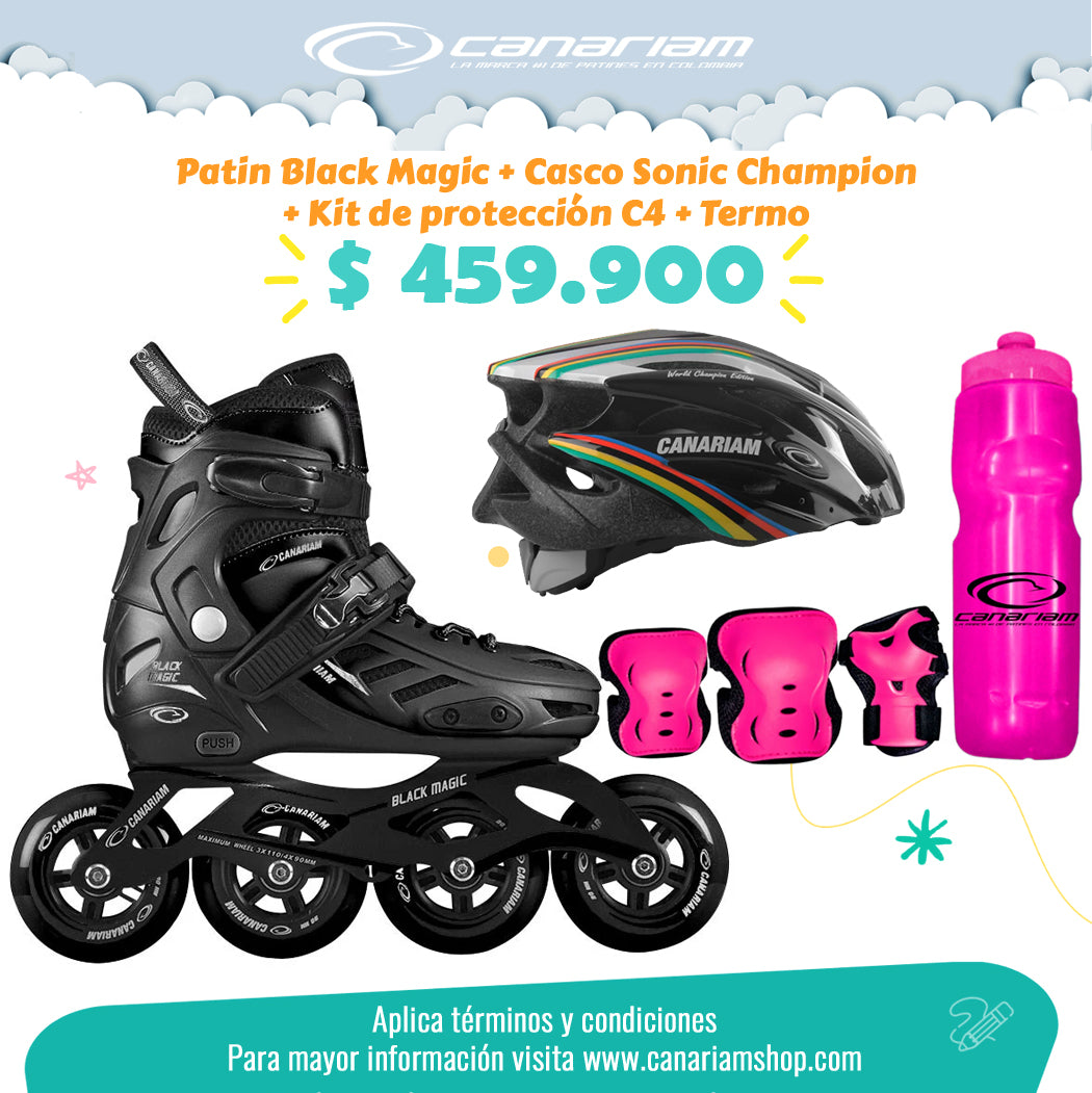 Promo: Patin Black Magic Negro + Casco Sonic Champion (Talla M) + Kit de Protección C4 (Talla L) + Termo