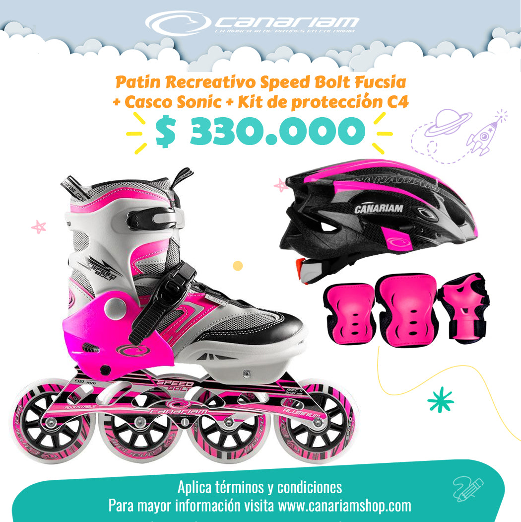 Promo: Patín Speed Bolt Fucsia + Casco Sonic (Talla M) + Kit de Protección C4 (Talla L)