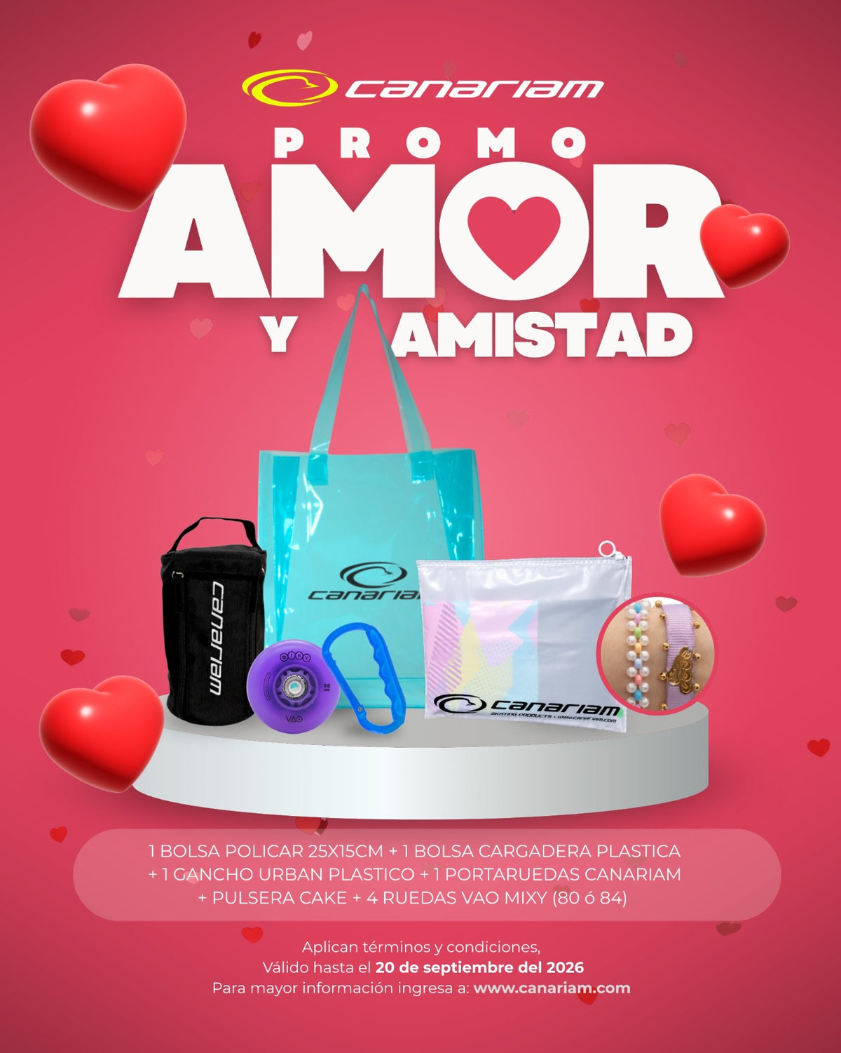 1 Bolsa Polcar 25x15cm + 1 Bolsa cargadera plastica + 1 Gancho Urban plastico + 1 Portaruedas + Pulsera Cake + 4 Ruedas VAO Mixy (80 o 84mm)