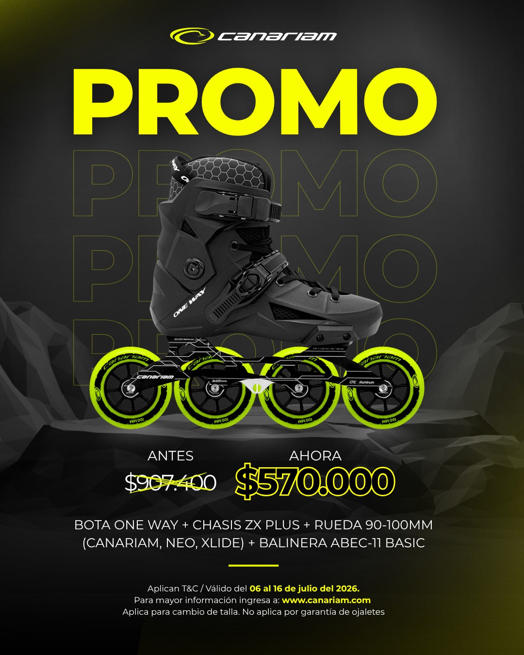 Promo: One Way ZX Dual Canariam/NEO/Xlide 90/100mm + Balineras ABEC-11 Basic