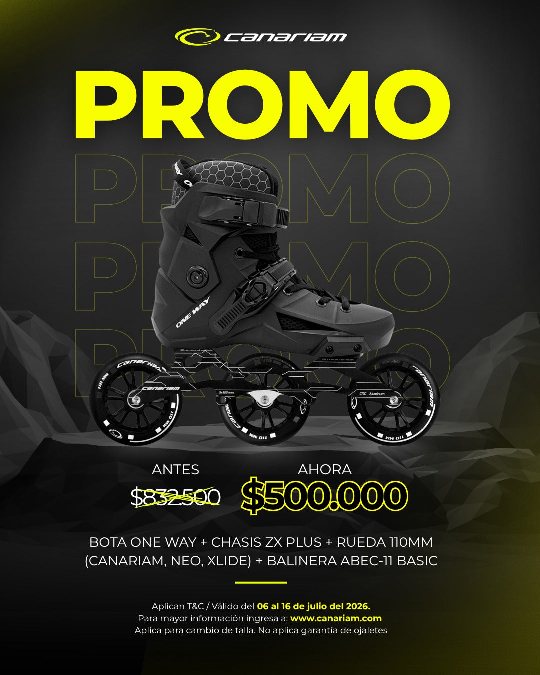 Promo: One Way ZX Dual Canariam/NEO/Xlide 110mm + Balineras ABEC-11 Basic