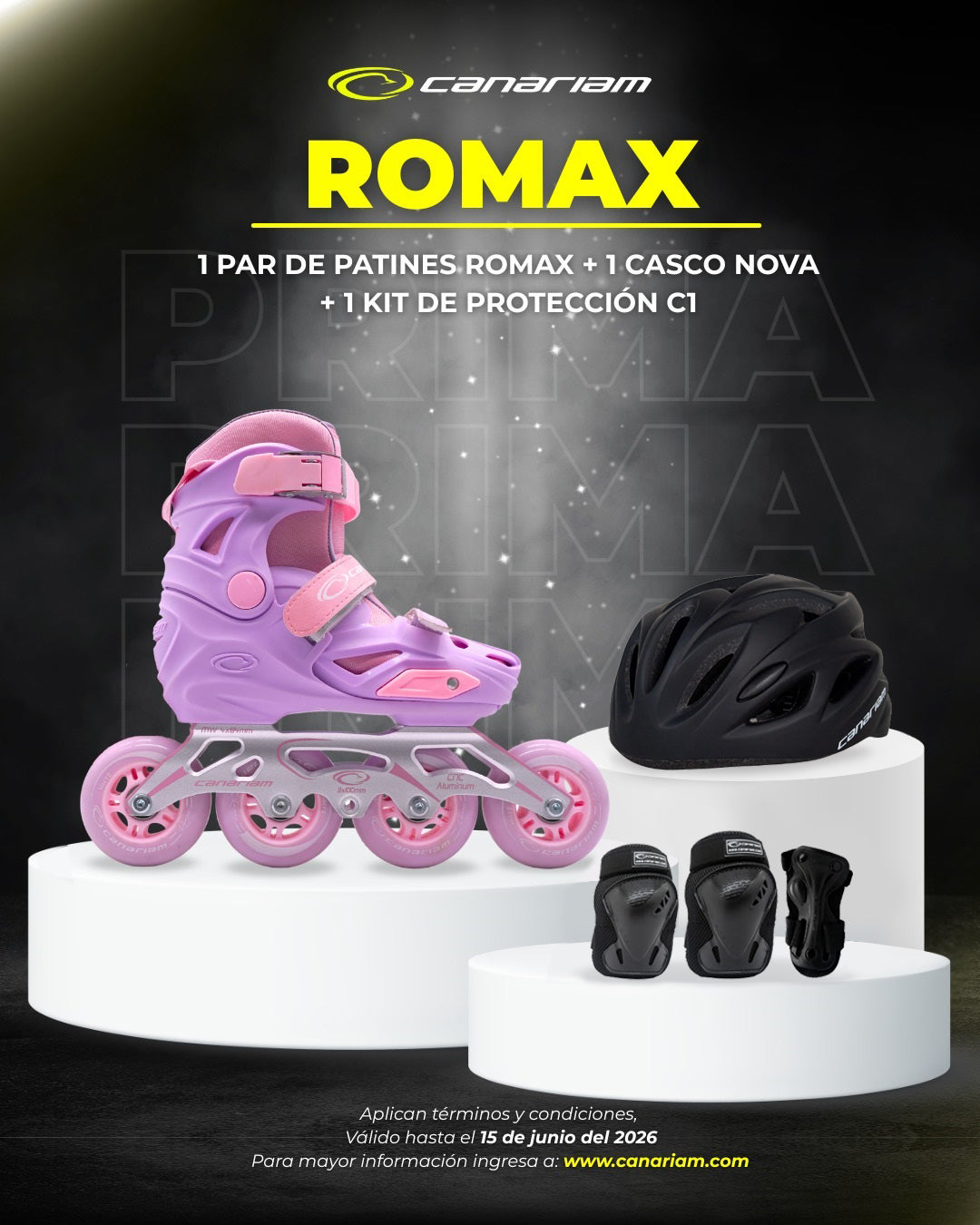 Promo: 1 Par de patines Romax Lila + 1 Casco Nova + 1 Kit de Protección C1