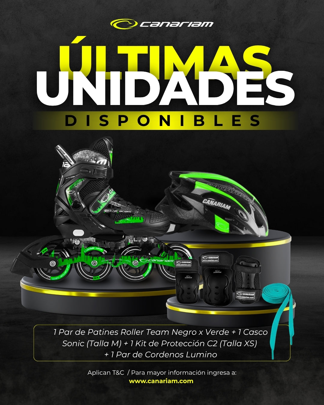 Promo: Roller Team (Negro x Verde) + Casco Sonic (Talla M) + Kit C2 (Talla: XS) + 1 Par de Cordones Lúmino