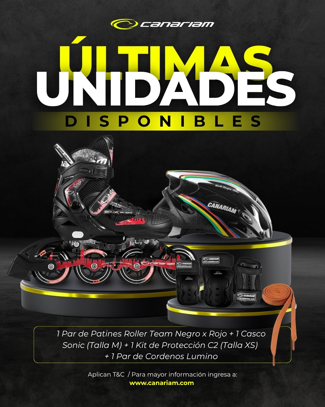 Promo: Roller Team (Negro x Rojo) + Casco Sonic (Talla M) + Kit C2 (Talla: XS) + 1 Par de Cordones Lúmino