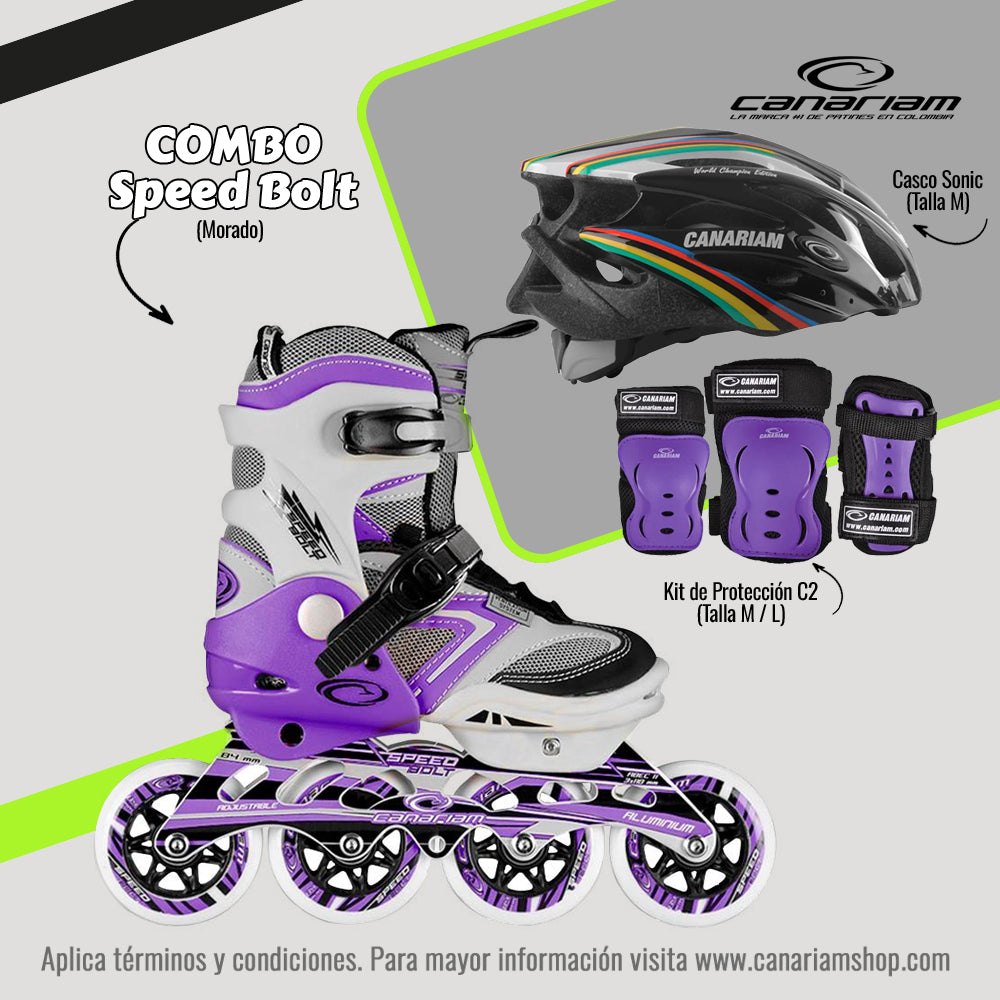 Promo: Patín Speed Bolt Morado + Casco Sonic (Talla M) + Kit de Protección C2 (Talla: M / L)