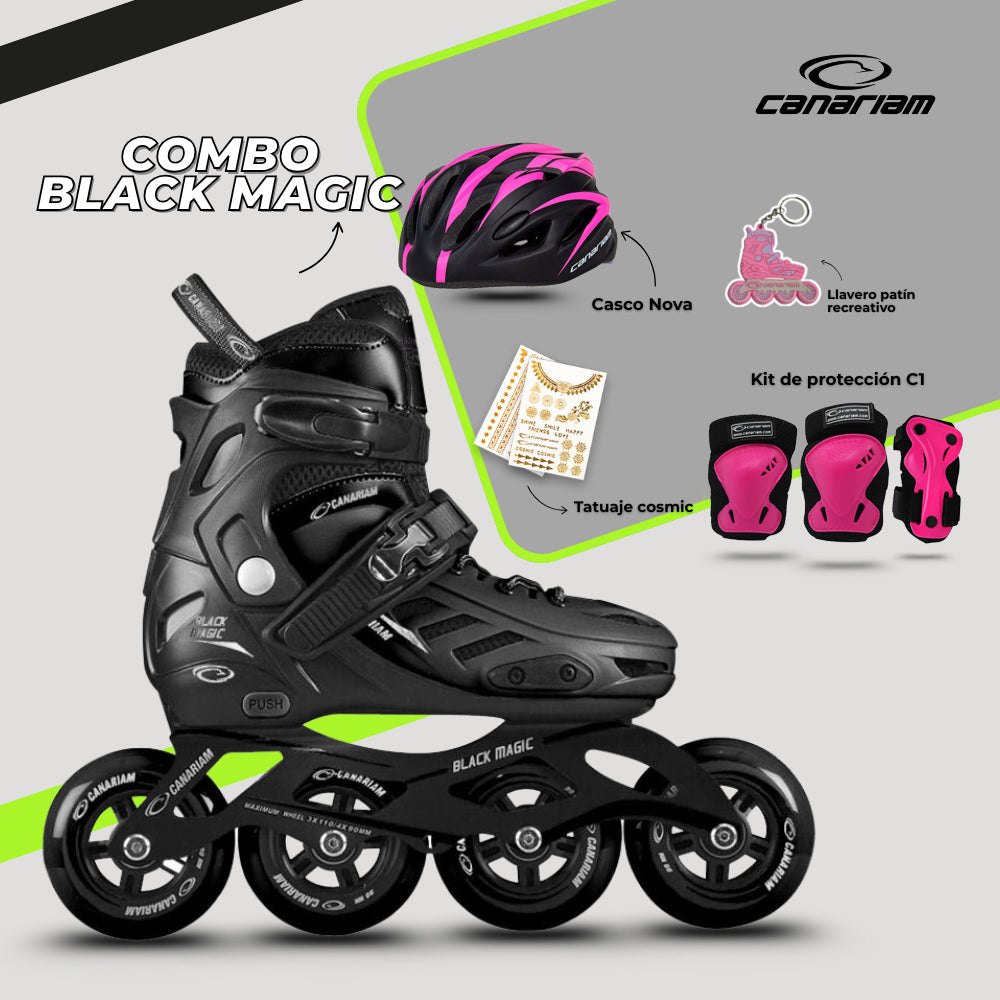 Promo: Combo Black Magic (39-42) + Casco Nova (S/M) + Kit de Protección C1 + Tatuaje Cosmic + Llavero patín