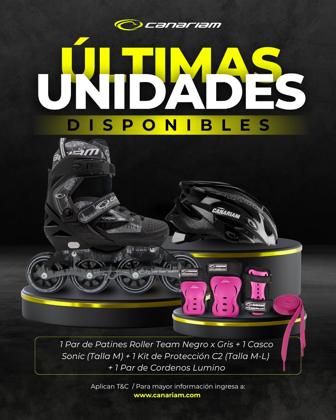 Promo: Roller Team (Gris x Negro) + Casco Sonic (Talla M) + Kit C2 Fucsia (Talla: M / L) + 1 Par de Cordones Lúmino
