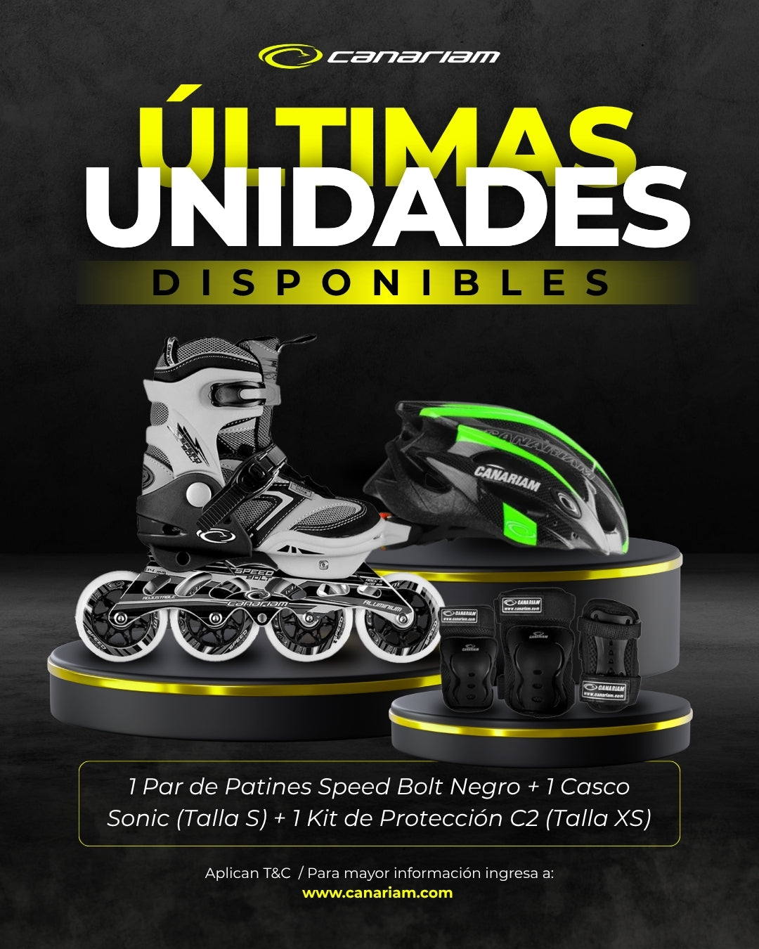 Promo: Patín Speed Bolt Negro + Casco Sonic (Talla S) + Kit de Protección C2 (Talla: XS)