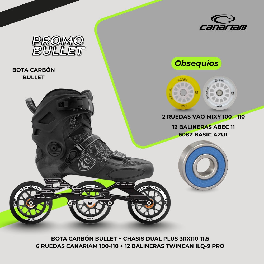 Promo: Carbon Bullet ZX Dual Plus Canariam 3x100/110mm + Obsequio: 2 Ruedas VAO Mixy + 12 Balineras ABEC-11 Basic