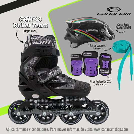 Promo: Roller Team (Negro x Gris) + Casco Sonic  (Talla M) + Kit C2 (Talla: M / L) + 1  Par de Cordones Lúmino