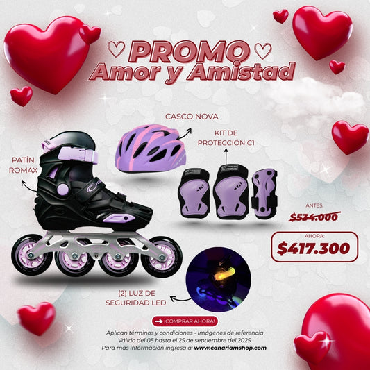 Promo: Patines Romax + Kit de Protección C1 + Casco Nova + 2 Luz Led de Seguridad