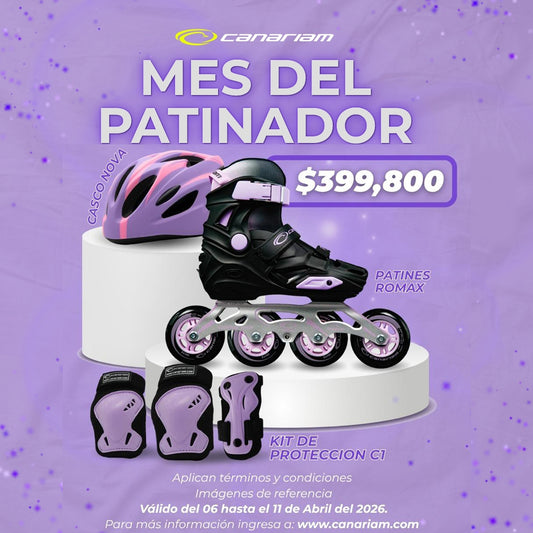 Promo: Patín Recreativo Romax Negro x Lila + Casco Nova + Kit de Protección C1