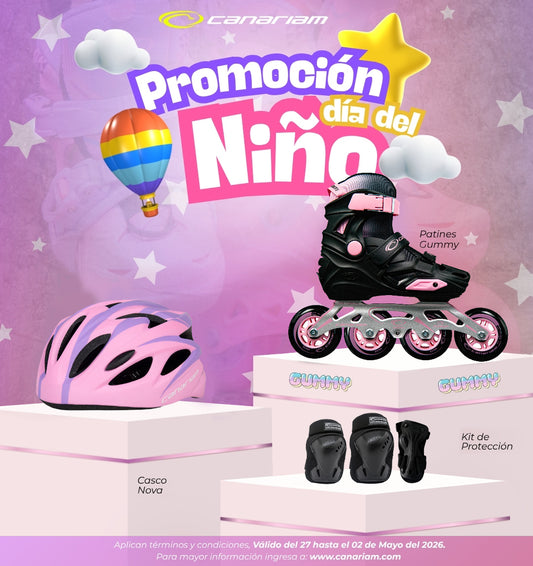 Promo día del niño: 1 Par de patines Romax Negro x Rosado + 1 Casco Nova + 1 Kit de Protección C1