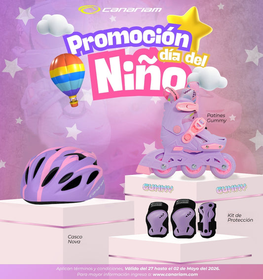 Promo día del niño: 1 Par de patines Gummy Lila + 1 Casco Nova + 1 Kit de protección C1