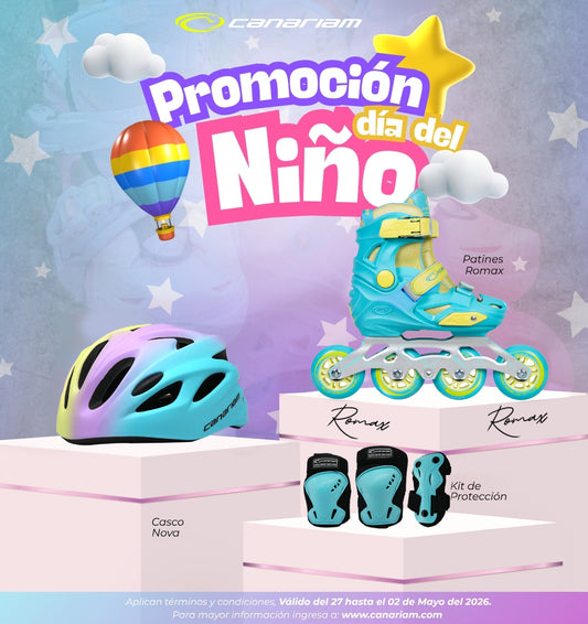 Promo día del niño: 1 Par de patines Romax Azul + 1 Casco Nova + 1 Kit de Protección C1