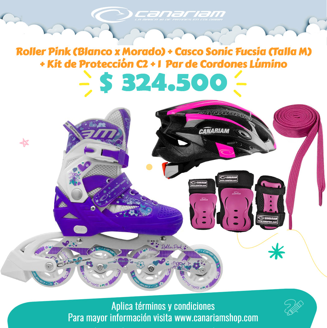 Promo: Roller Pink (Blanco x Morado) + Casco Sonic Fucsia (Talla M) + Kit de Protección C2 (Talla: M / L) + 1  Par de Cordones Lúmino