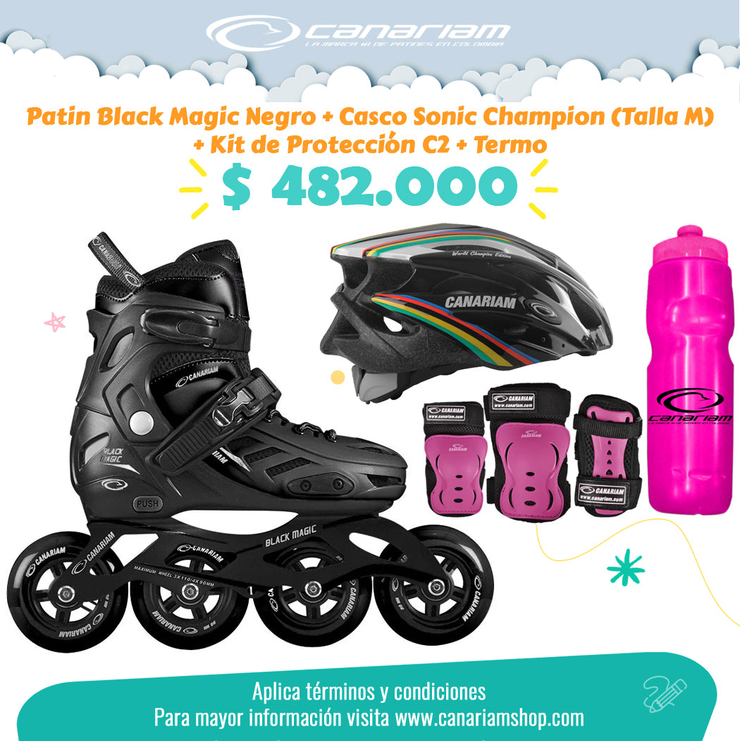 Promo: Patin Black Magic Negro + Casco Sonic Champion (Talla M) + Kit de Protección C2 (Talla: M / L) + Termo