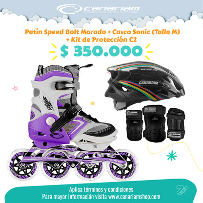 Promo: Patín Speed Bolt Morado + Casco Sonic (Talla M) + Kit de Protección C2 (Talla: XS / S / M)