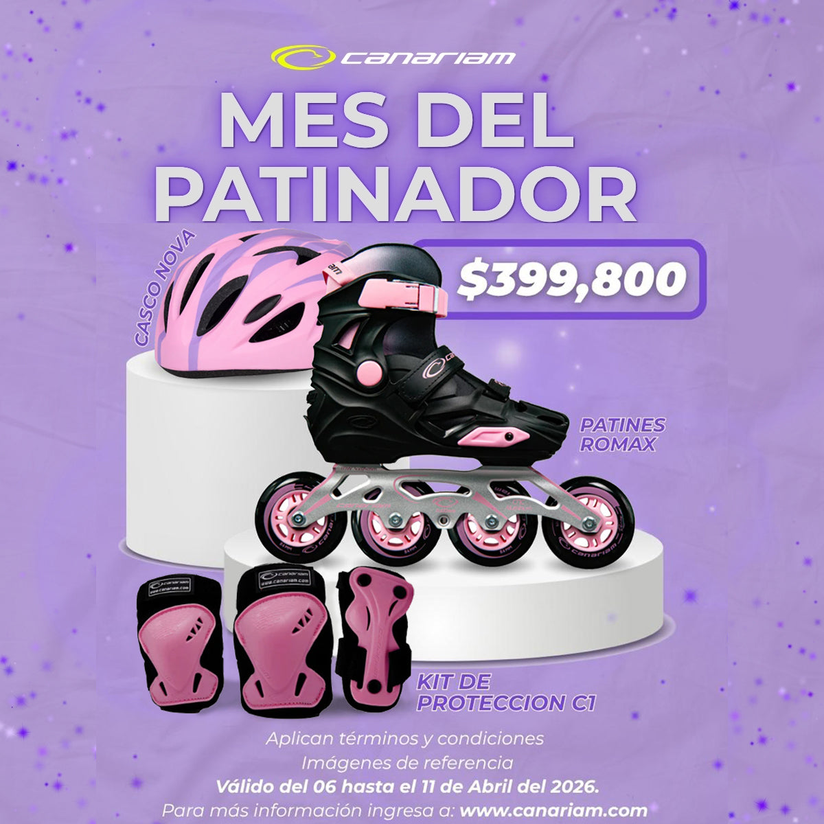 Promo: Patín Recreativo Romax Negro x Rosa + Casco Nova + Kit de Protección C1