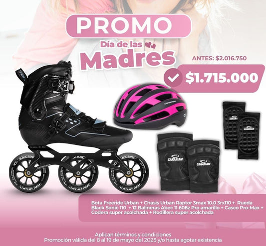 Promo: Patín Freeride Urban Raptor 3Max Black Sonic 3x110mm + Casco Pro-Max + Codera Super acolchada + Rodillera Super Acolchada