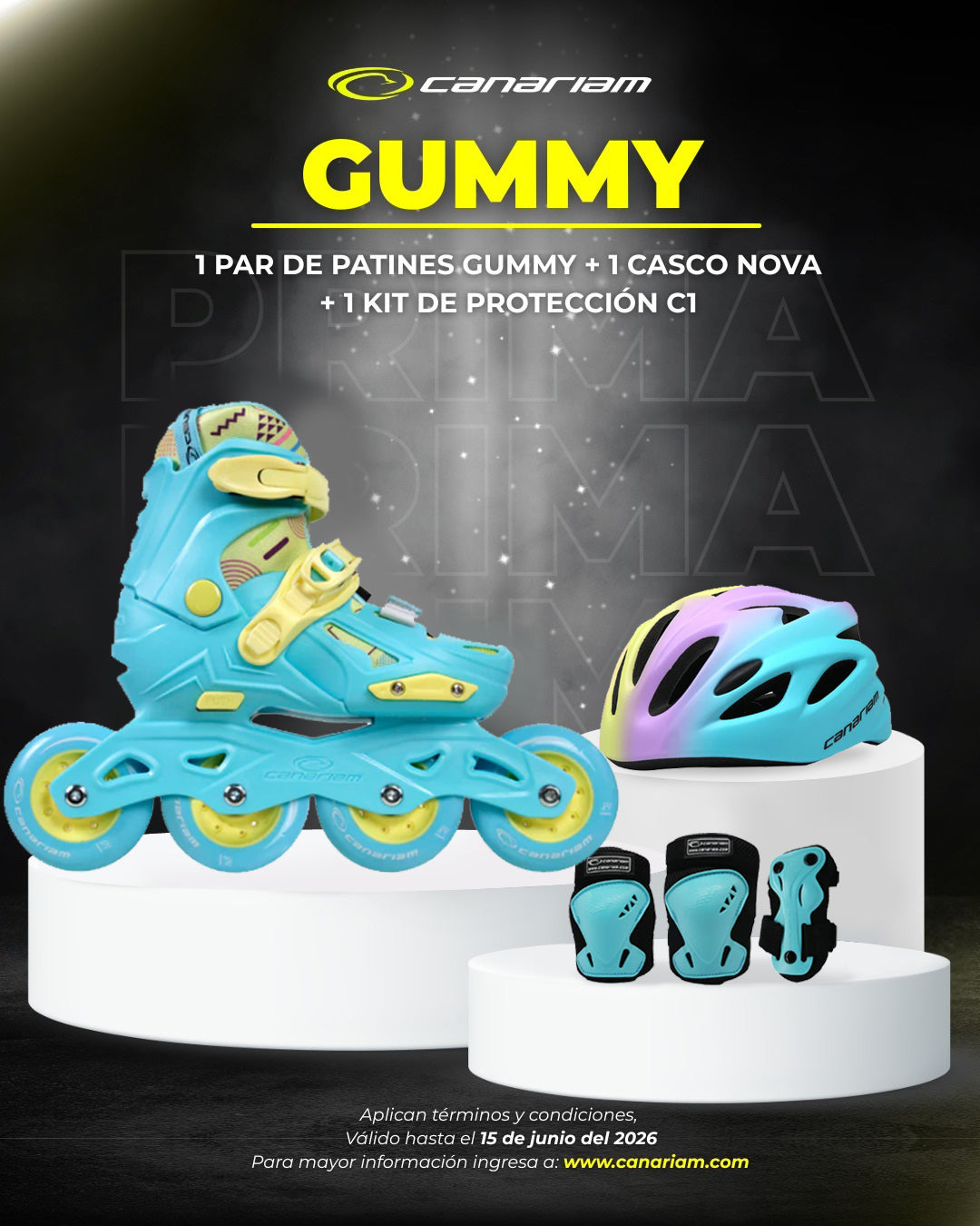 Promo: 1 Par de patines Gummy Azul + 1 Casco Nova + 1 Kit de protección C1