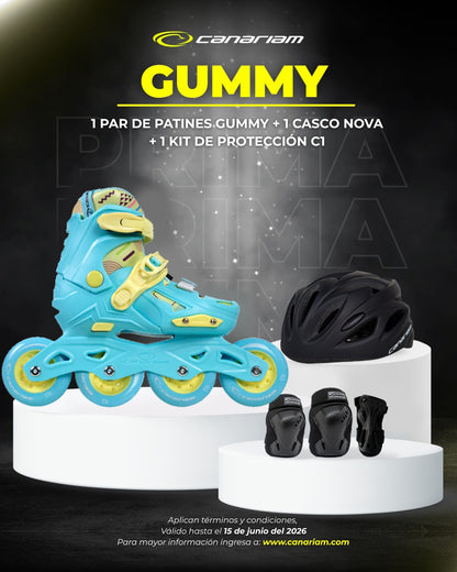 Promo: 1 Par de patines Gummy Azul + 1 Casco Nova + 1 Kit de protección C1