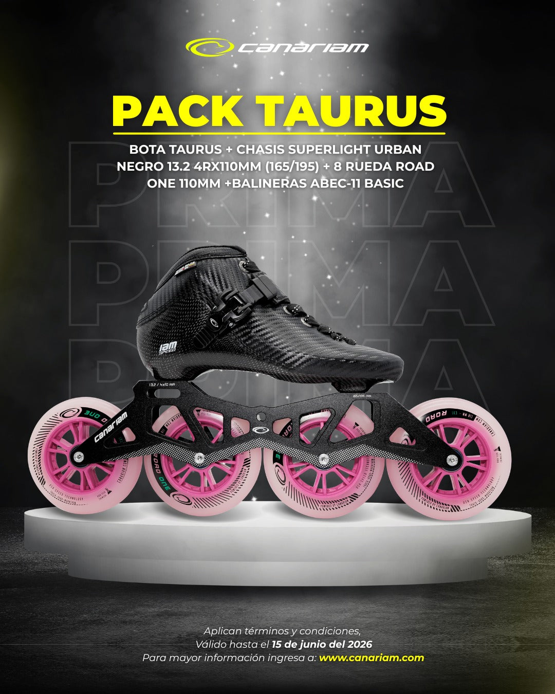 Promo Prima: Taurus + Chasis Superlight Urban negro 13.2 + Ruedas Road One 4x110mm + 16 Balineras ABEC 11 Basic