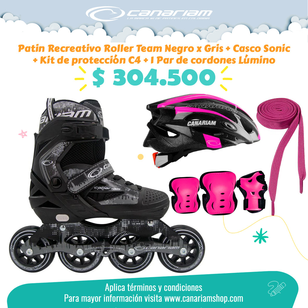 Promo: Roller Team (Negro x Gris) + Casco Sonic Fucsia (Talla M) + Kit C4 Fucsia (Talla M) + 1  Par de Cordones Lúmino