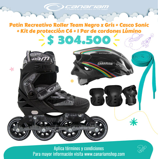 Promo: Roller Team (Negro x Gris) + Casco Sonic  (Talla M) + Kit C4 (Talla L) + 1  Par de Cordones Lúmino