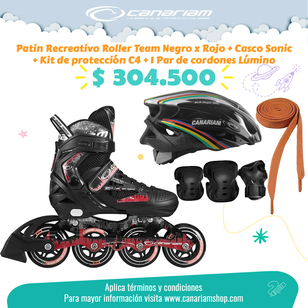 Promo: Roller Team (Negro x Rojo) + Casco Sonic (Talla M) + Kit C4 (Talla L) + 1  Par de Cordones Lúmino
