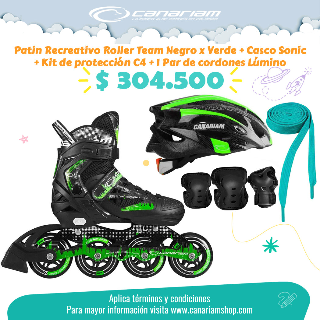 Promo: Roller Team (Negro x Verde) + Casco Sonic (Talla M) + Kit C4 (Talla L) + 1  Par de Cordones Lúmino